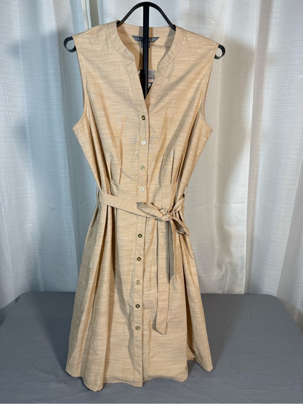 Sharagano Sleeveless Tan-Beige Shirt Dress with Waist Tie